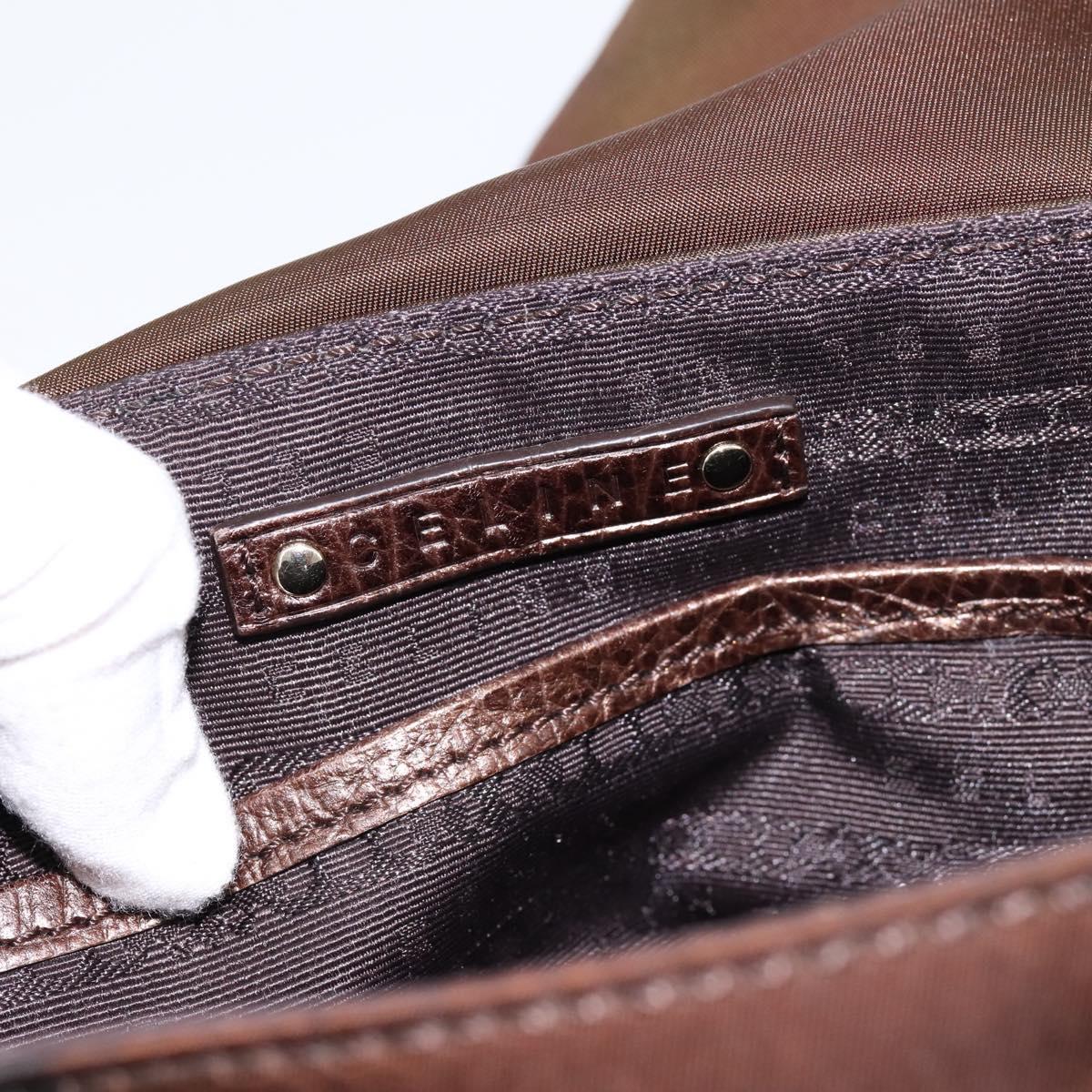 CELINE Hand Bag Nylon Brown Gold Auth 196564