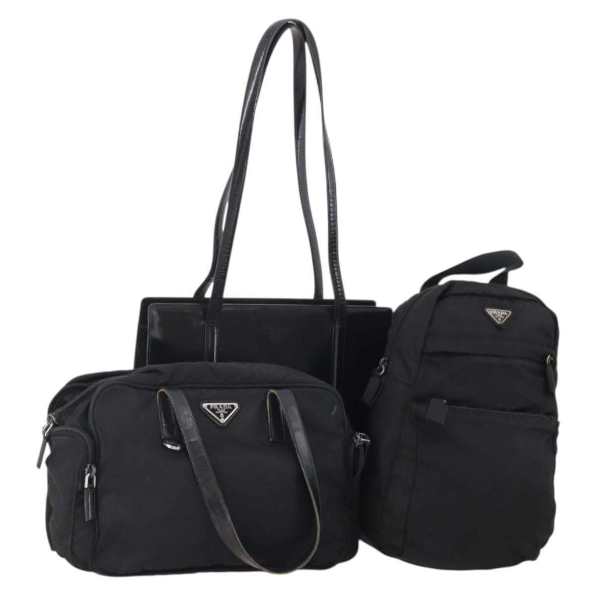 PRADA Hand Bag Nylon Leather 3 Set Black Auth 196571