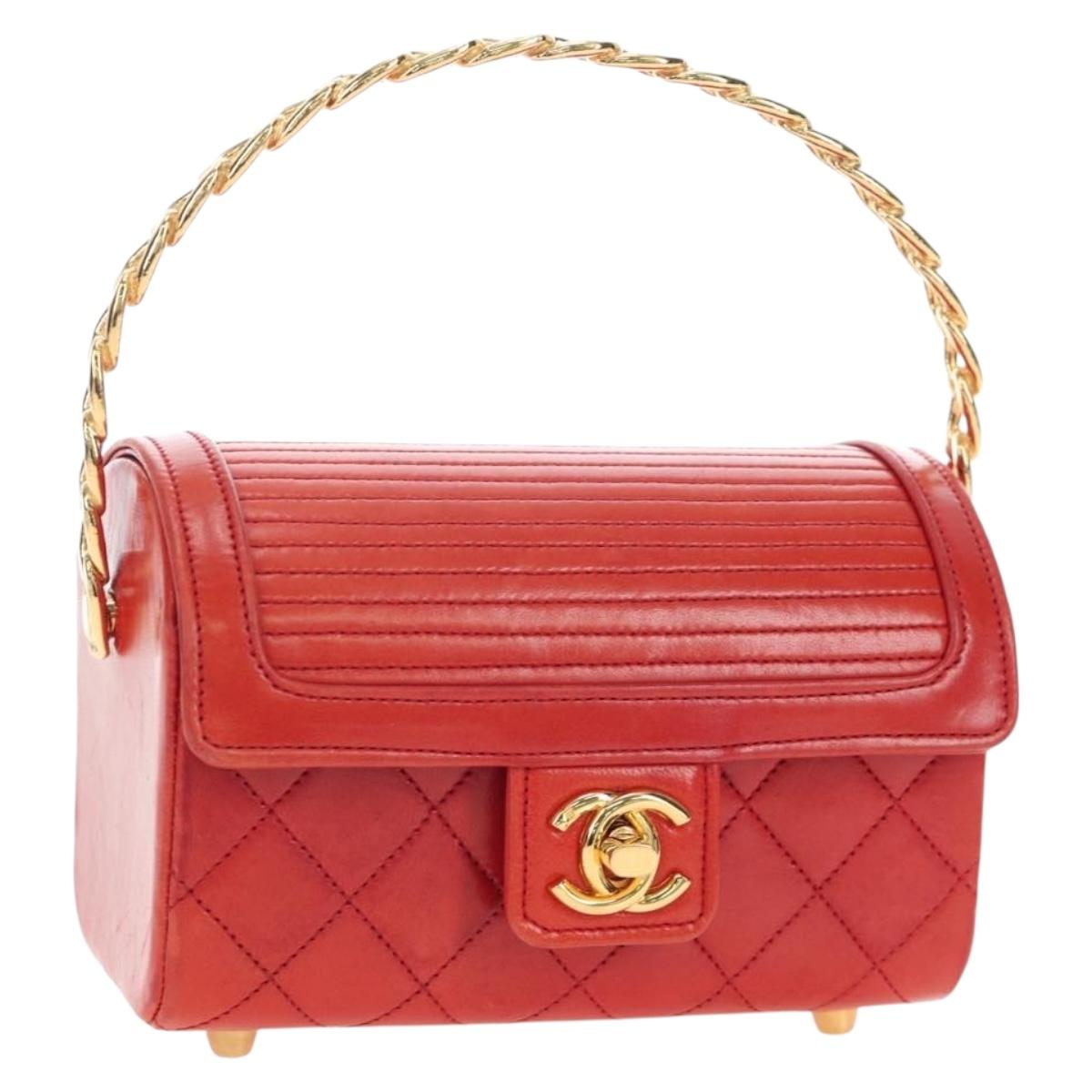 CHANEL Mademoiselle Chain Matelasse Hand Bag Lamb Skin Red Gold CC Auth 196580SV