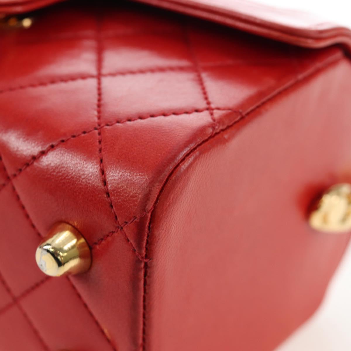 CHANEL Mademoiselle Chain Matelasse Hand Bag Lamb Skin Red Gold CC Auth 196580SV