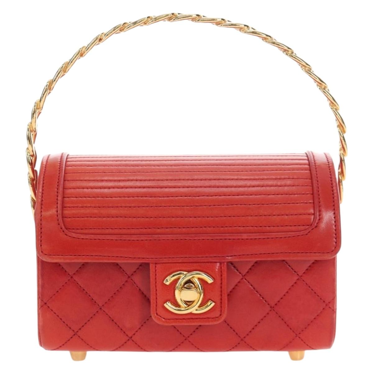 CHANEL Mademoiselle Chain Matelasse Hand Bag Lamb Skin Red Gold CC Auth 196580SV