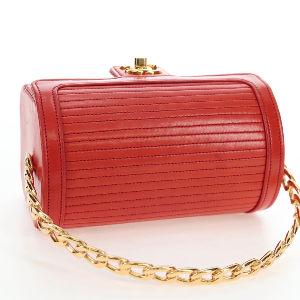 CHANEL Mademoiselle Chain Matelasse Hand Bag Lamb Skin Red Gold CC Auth 196580SV