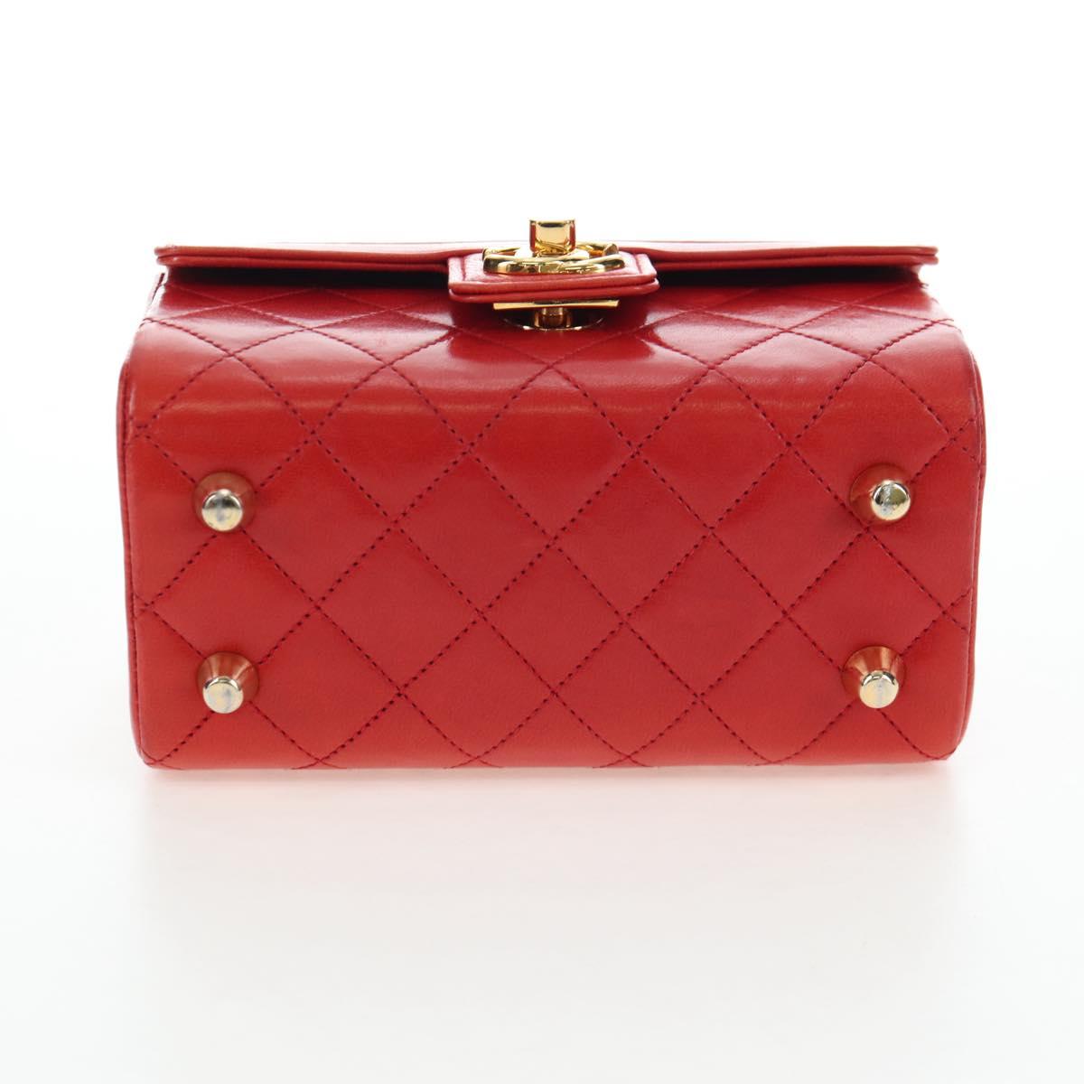 CHANEL Mademoiselle Chain Matelasse Hand Bag Lamb Skin Red Gold CC Auth 196580SV