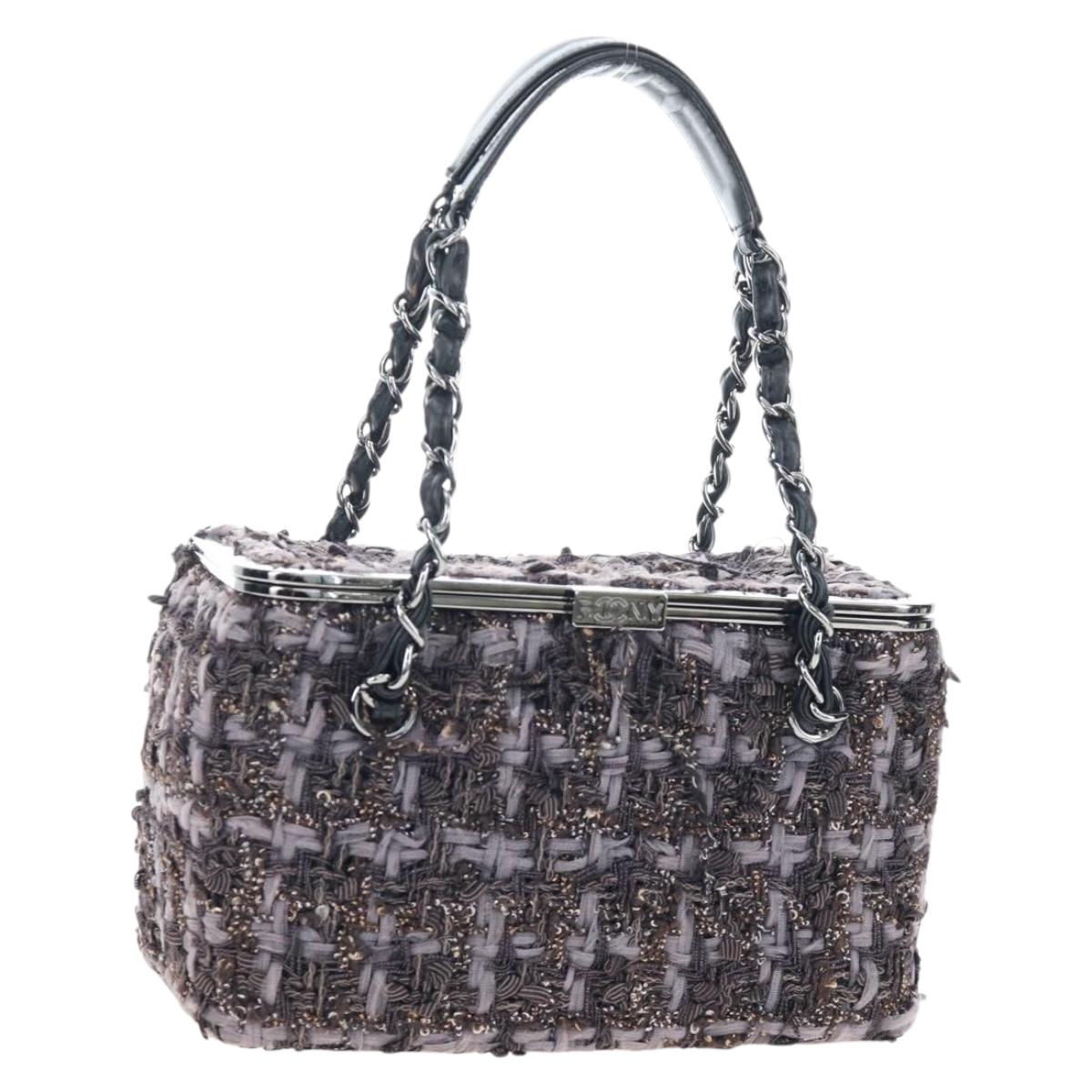 CHANEL Paris New York Line Chain Vanity Bag Tweed Gray Silver CC Auth 196581M