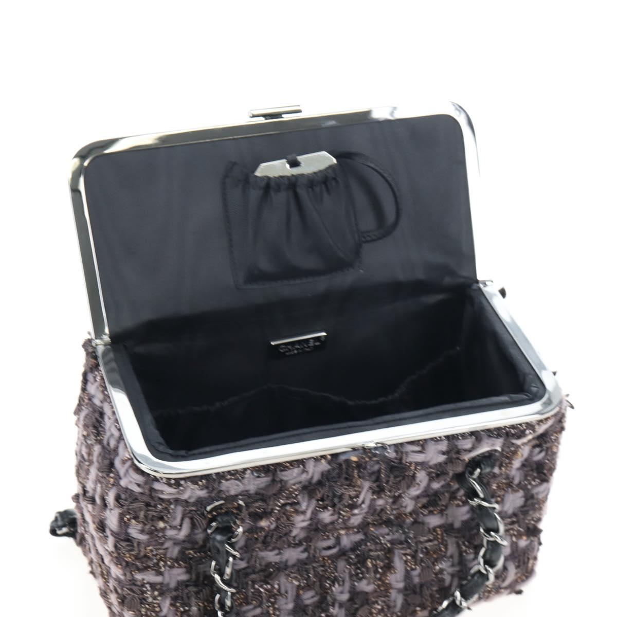 CHANEL Paris New York Line Chain Vanity Bag Tweed Gray Silver CC Auth 196581M