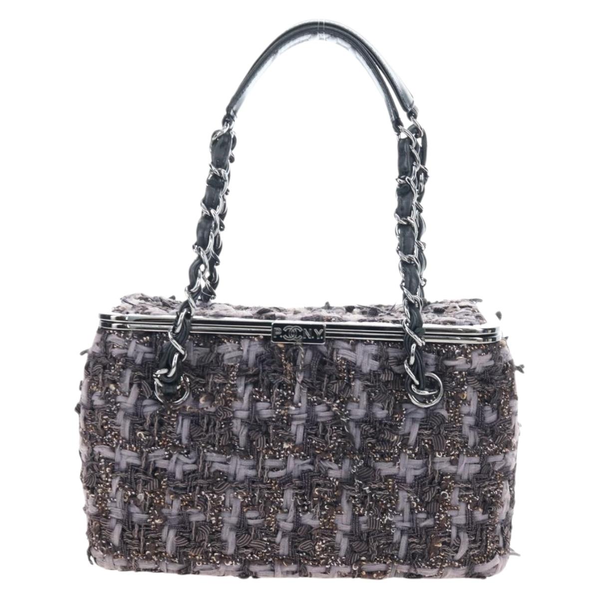 CHANEL Paris New York Line Chain Vanity Bag Tweed Gray Silver CC Auth 196581M
