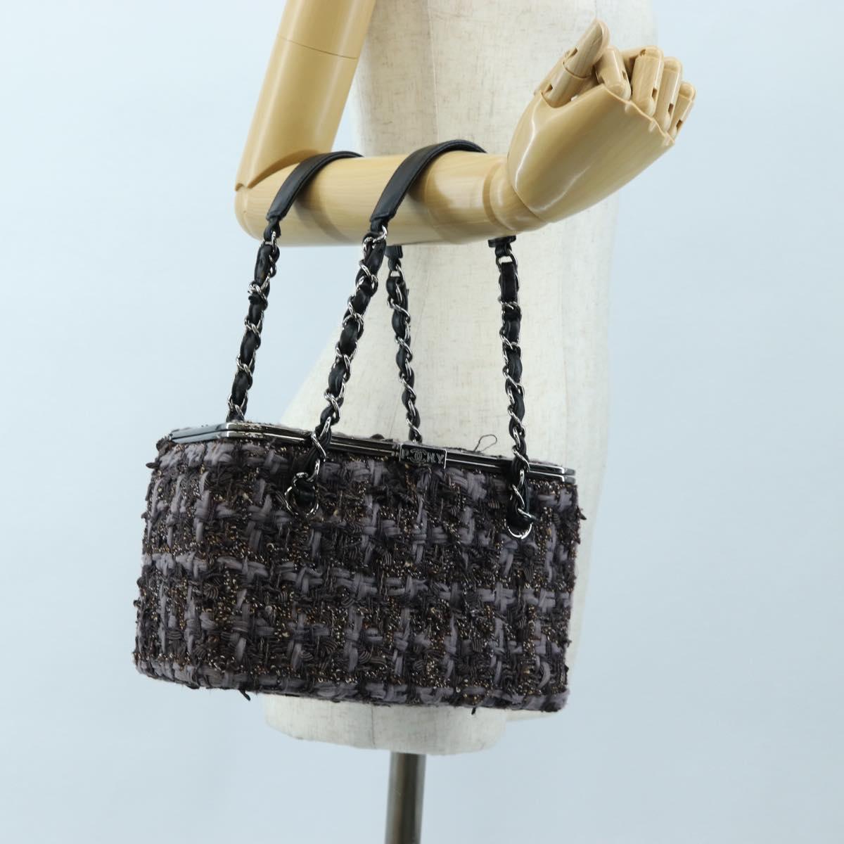 CHANEL Paris New York Line Chain Vanity Bag Tweed Gray Silver CC Auth 196581M