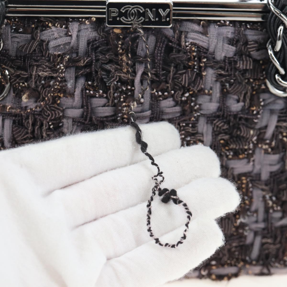 CHANEL Paris New York Line Chain Vanity Bag Tweed Gray Silver CC Auth 196581M