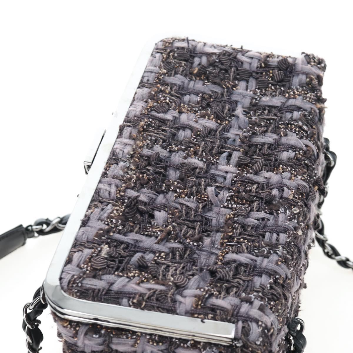 CHANEL Paris New York Line Chain Vanity Bag Tweed Gray Silver CC Auth 196581M