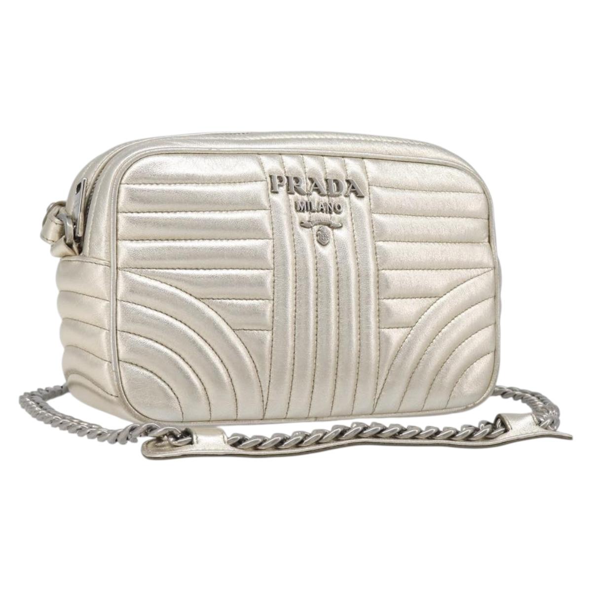 PRADA Diagram Chain Shoulder Bag Leather Champagne Gold Auth 196586V