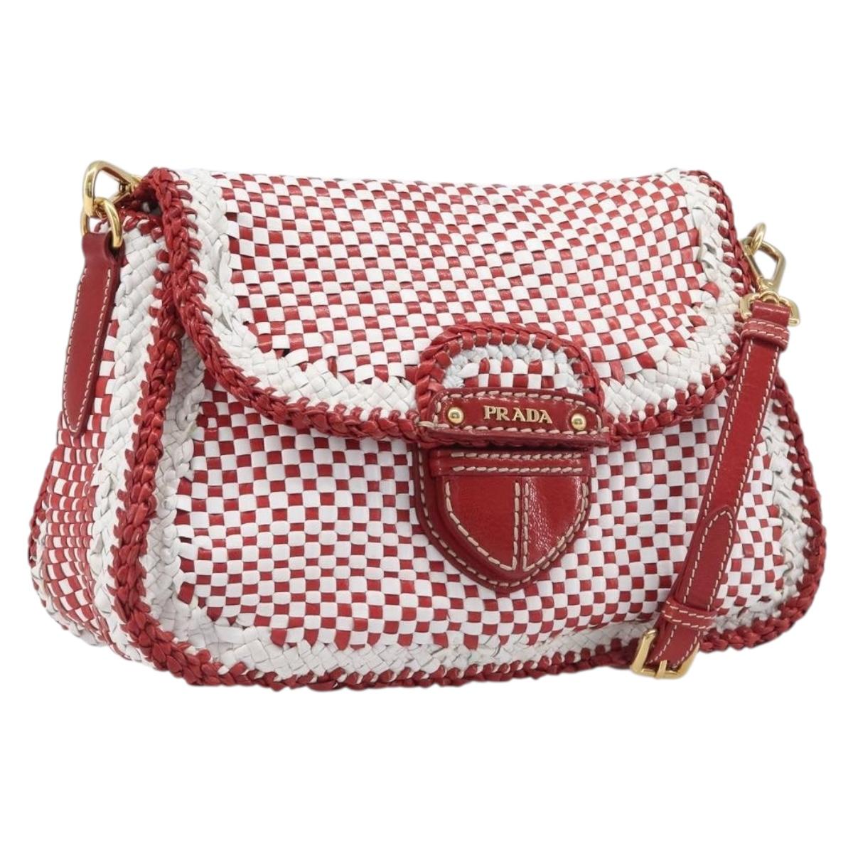 PRADA Shoulder Bag Leather White Red Auth 196589A