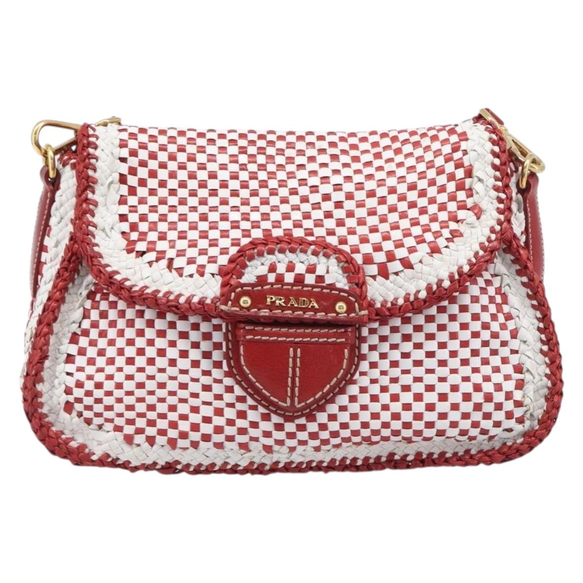 PRADA Shoulder Bag Leather White Red Auth 196589A