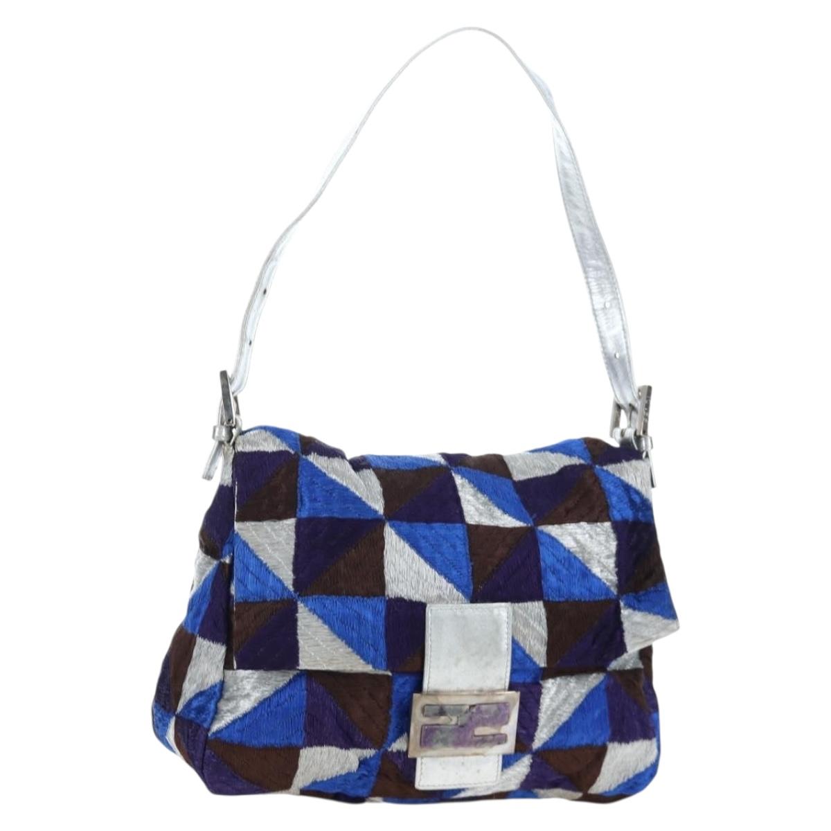 FENDI Mamma Baguette Shoulder Bag Canvas Blue Silver Auth 196591V