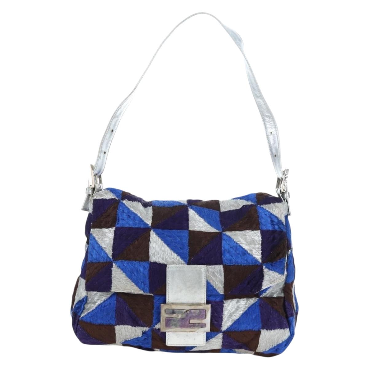 FENDI Mamma Baguette Shoulder Bag Canvas Blue Silver Auth 196591V