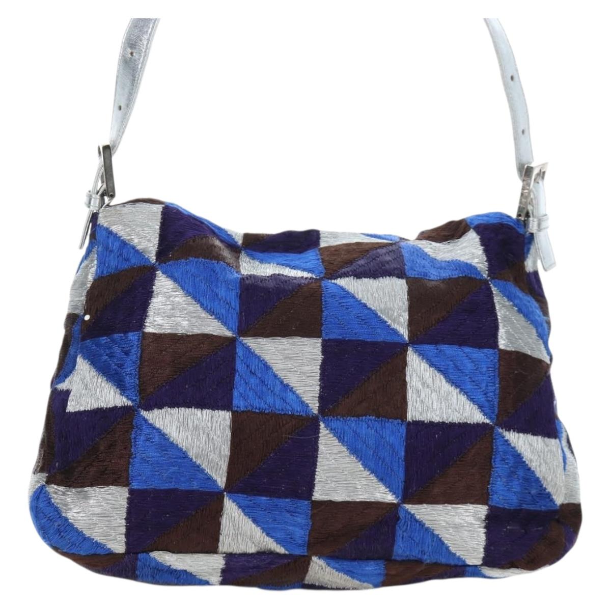 FENDI Mamma Baguette Shoulder Bag Canvas Blue Silver Auth 196591V