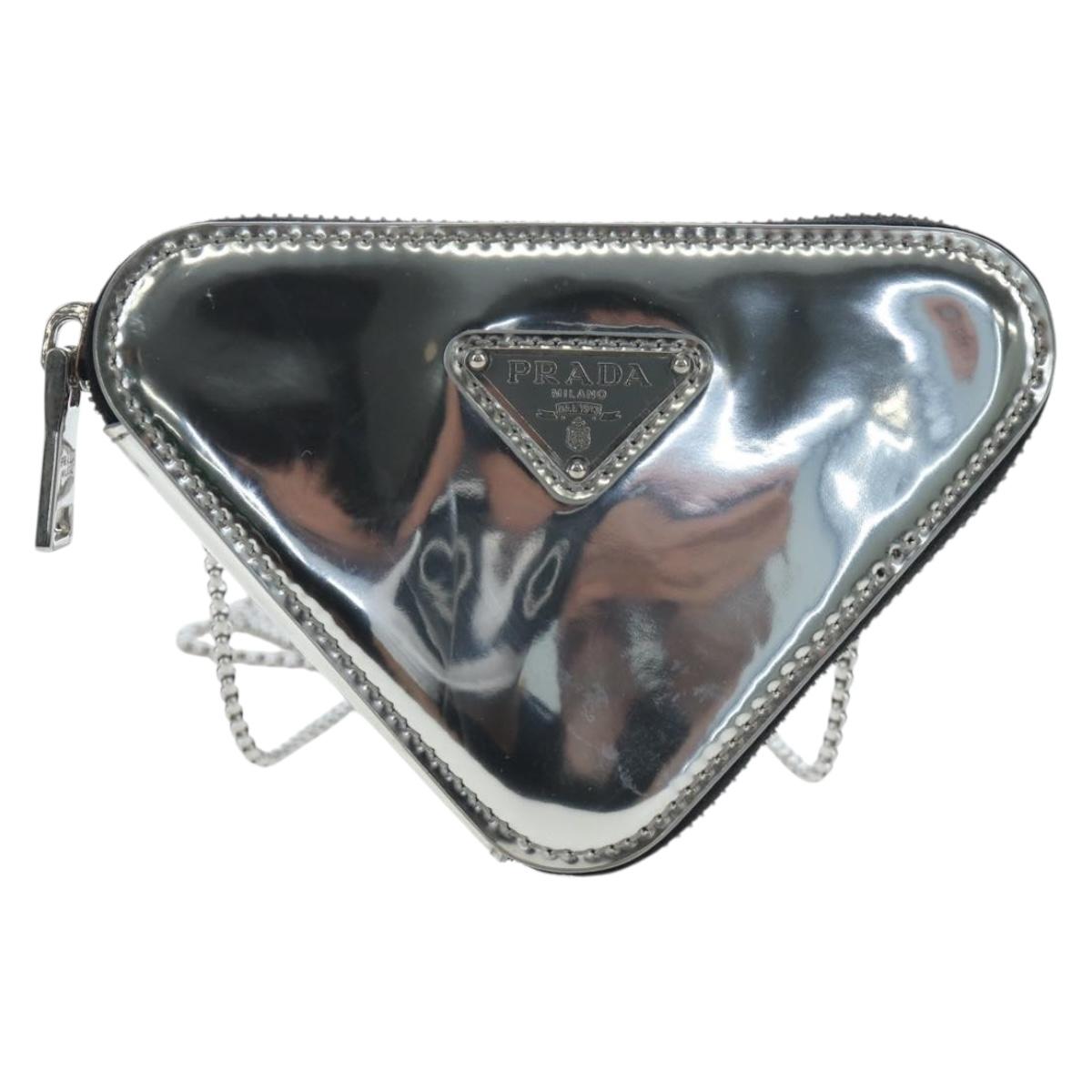 PRADA Chain Shoulder Bag Patent leather Silver Auth 196592M