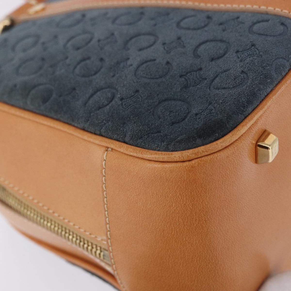 CELINE C Macadam Canvas Hand Bag Suede Navy Gold Auth 196609