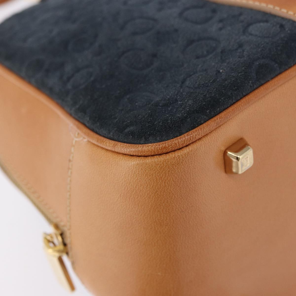 CELINE C Macadam Canvas Hand Bag Suede Navy Gold Auth 196609