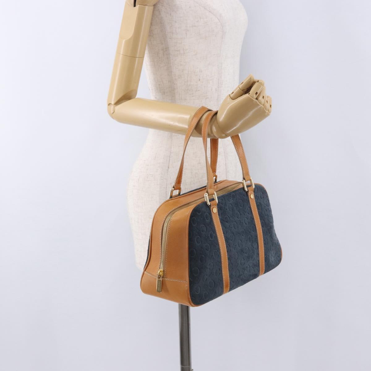 CELINE C Macadam Canvas Hand Bag Suede Navy Gold Auth 196609