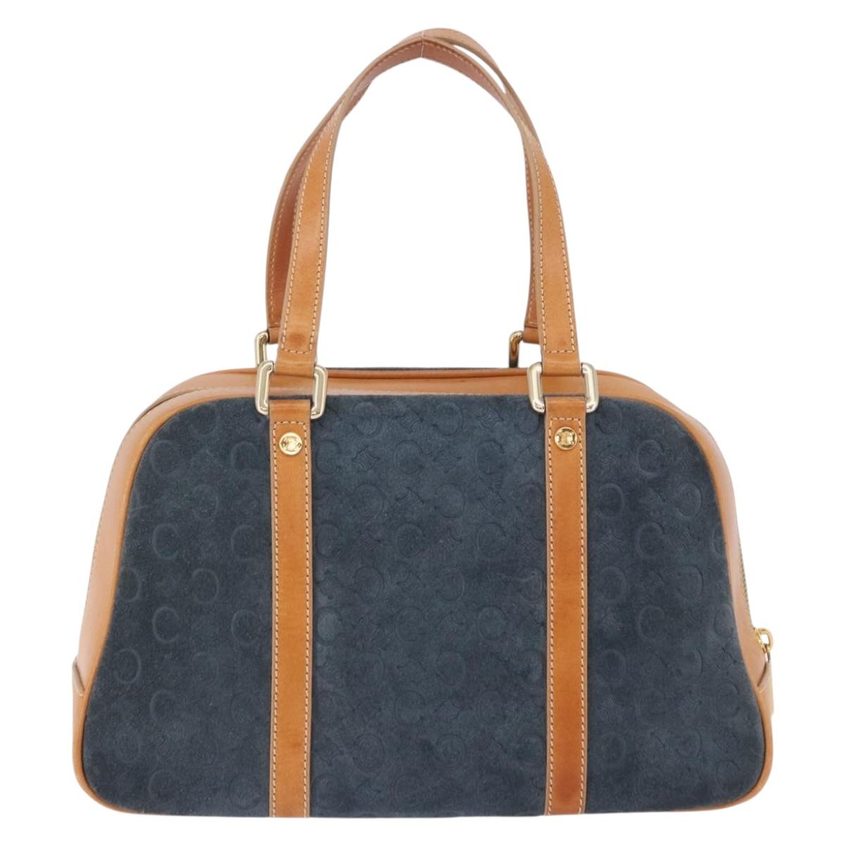 CELINE C Macadam Canvas Hand Bag Suede Navy Gold Auth 196609