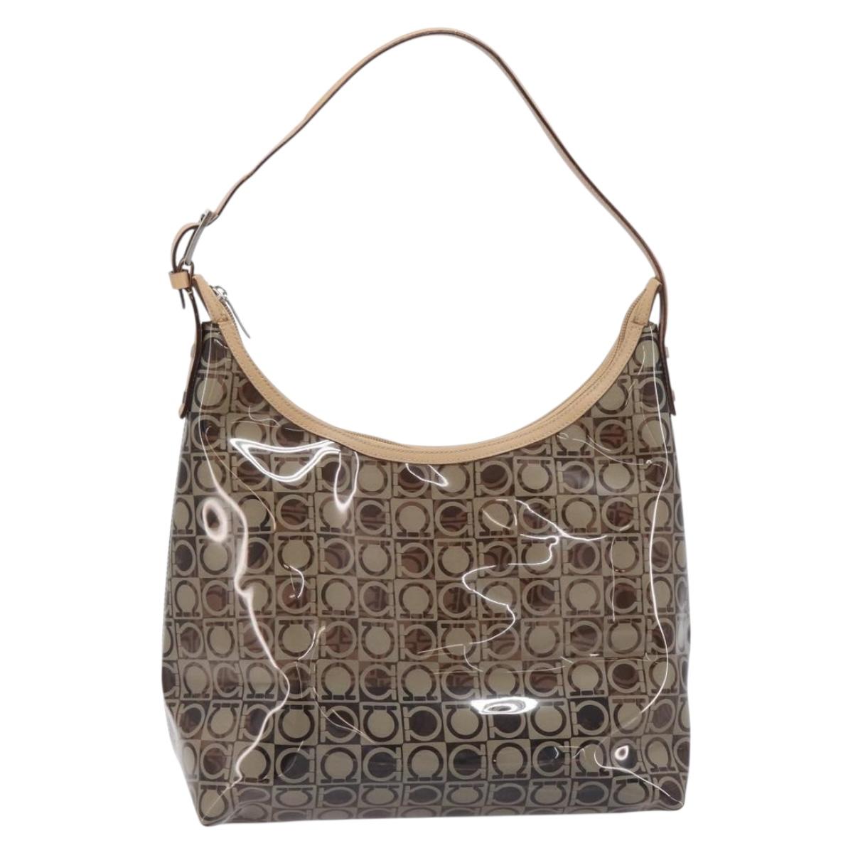 Salvatore Ferragamo Shoulder Bag Vinyl Beige Silver Auth 196611A
