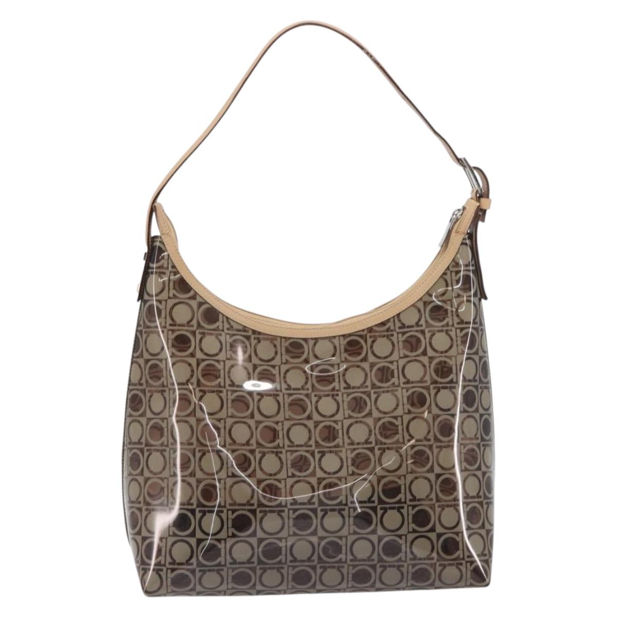 Salvatore Ferragamo Shoulder Bag Vinyl Beige Silver Auth 196611A