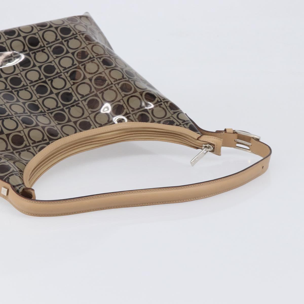 Salvatore Ferragamo Shoulder Bag Vinyl Beige Silver Auth 196611A