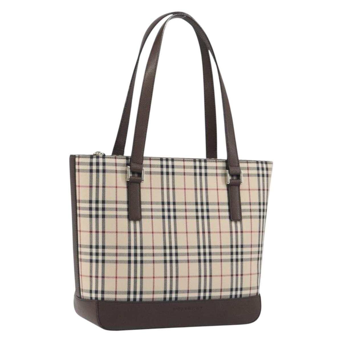 BURBERRY Nova Check Hand Bag Canvas Beige Silver Auth 196618A