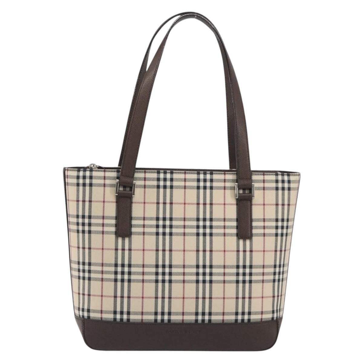 BURBERRY Nova Check Hand Bag Canvas Beige Silver Auth 196618A