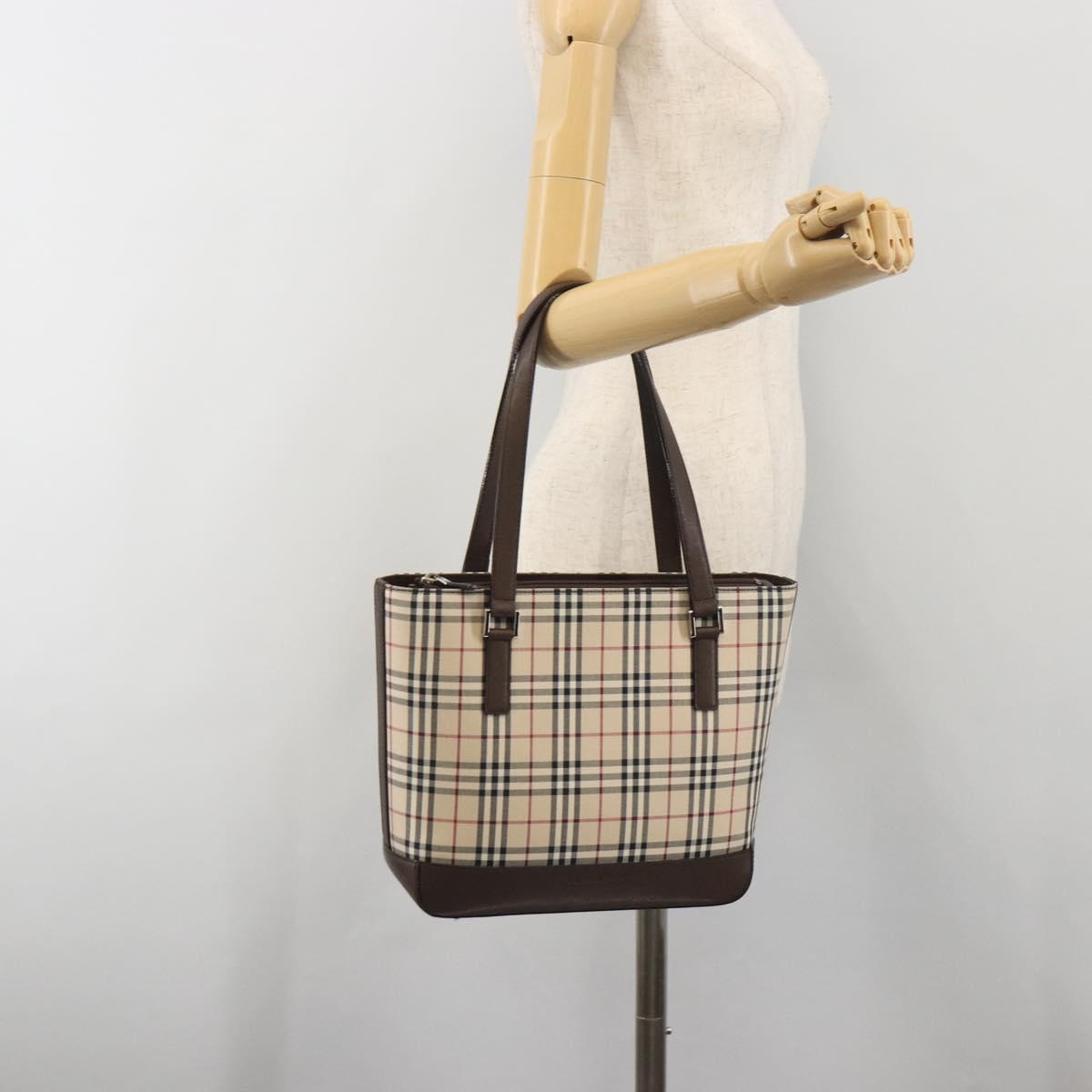 BURBERRY Nova Check Hand Bag Canvas Beige Silver Auth 196618A