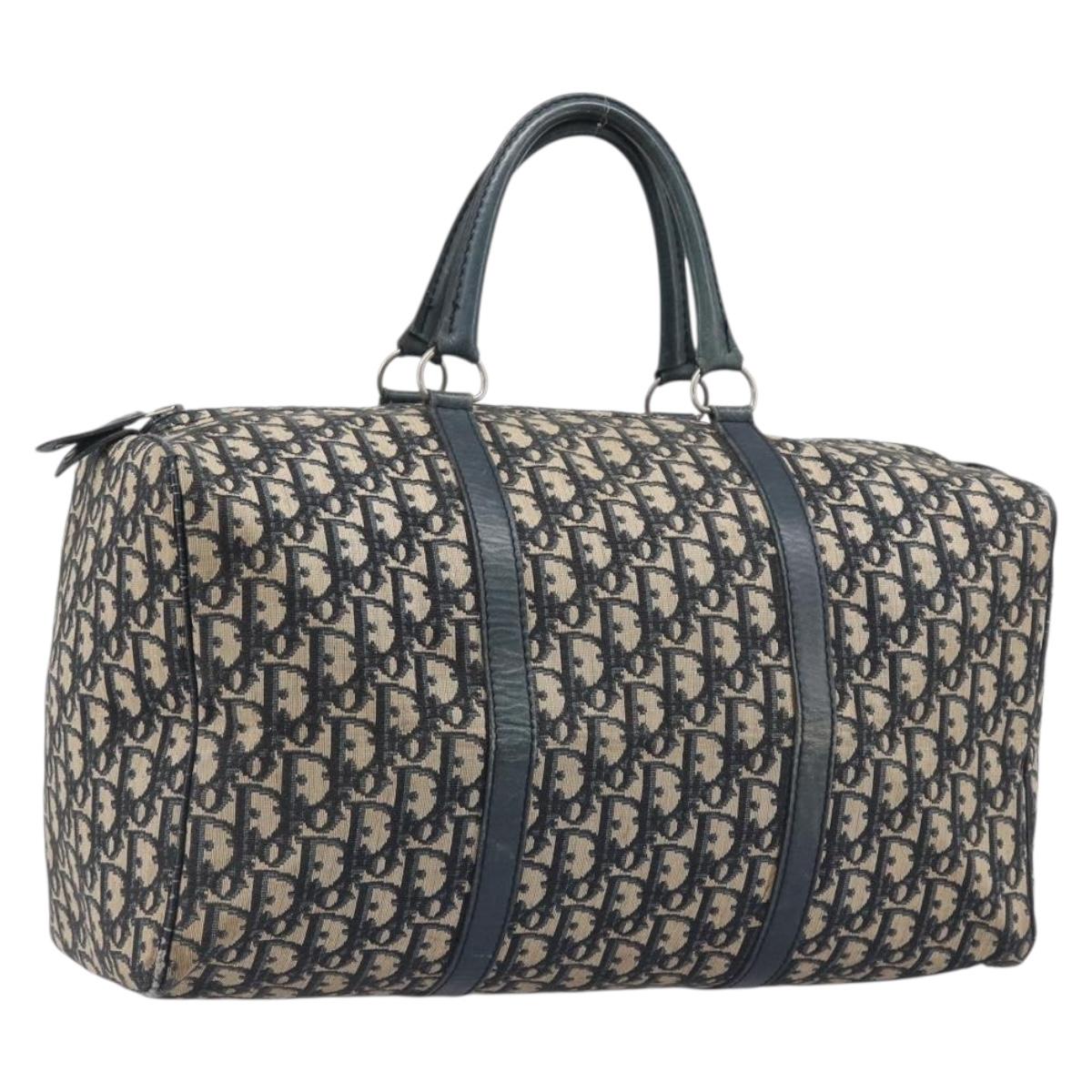 Christian Dior Trotter Canvas Boston Bag Navy Silver Auth 196623