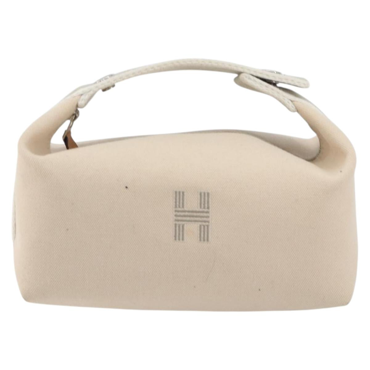 HERMES Brid A Black Hand Bag Canvas Leather Beige Silver Auth 196626M
