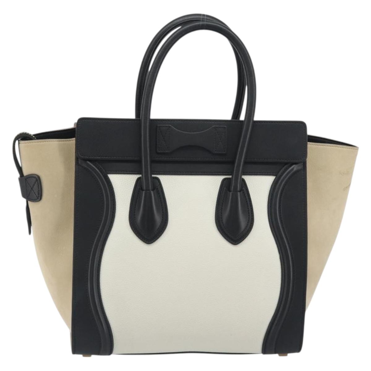 CELINE Luggage Micro Shopper Hand Bag Leather White Gold Auth 196632V