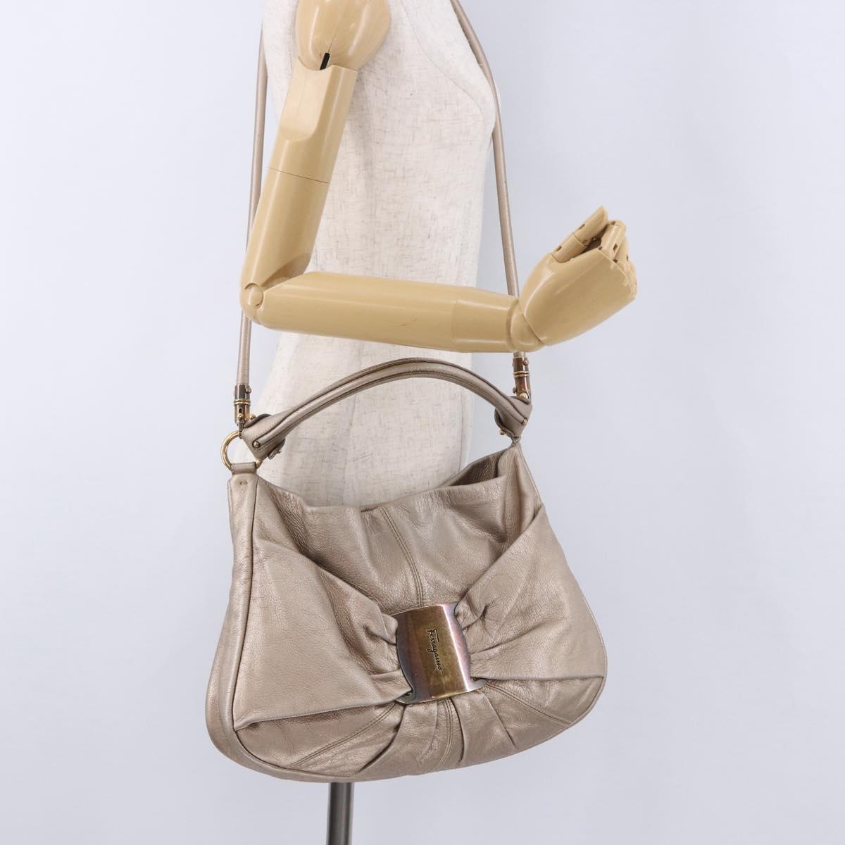 Salvatore Ferragamo Vala Hand Bag Leather 2way Champagne Gold Auth 196633A