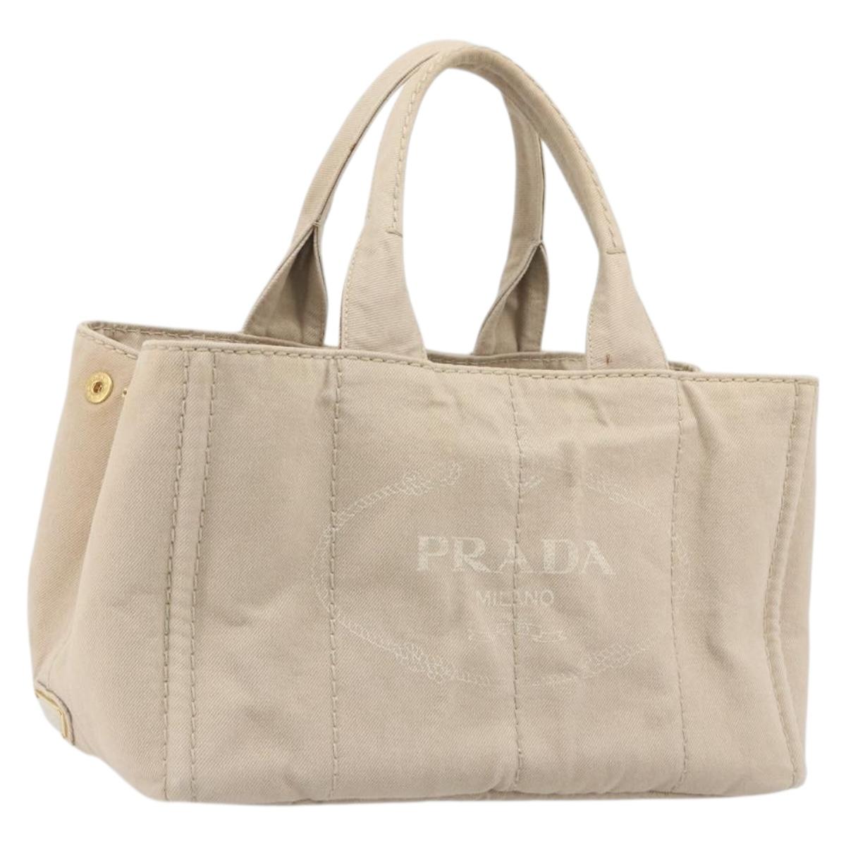 PRADA Canapa MM Hand Bag Canvas Beige Gold Auth 196635A