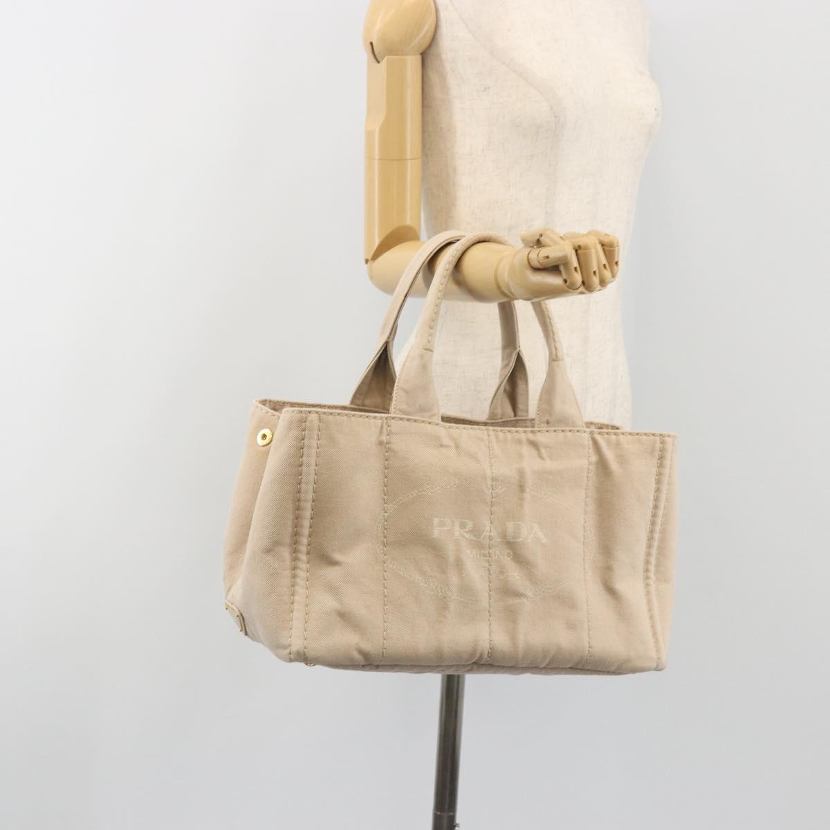 PRADA Canapa MM Hand Bag Canvas Beige Gold Auth 196635A