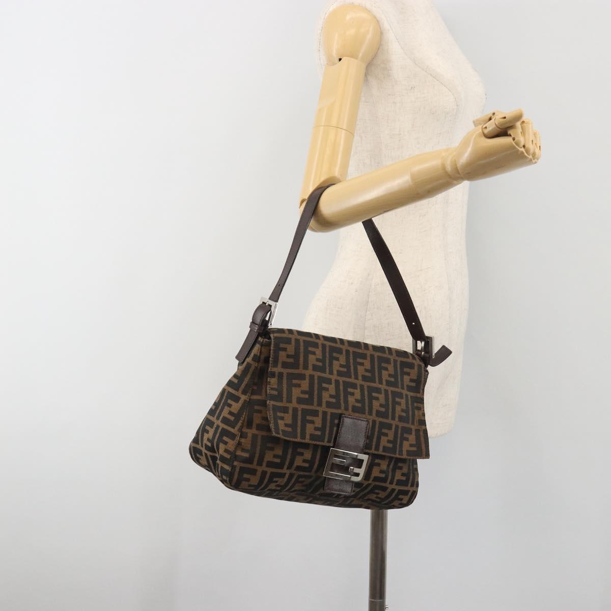 FENDI Zucca Canvas Mamma Baguette Shoulder Bag Brown Black Auth 196636M