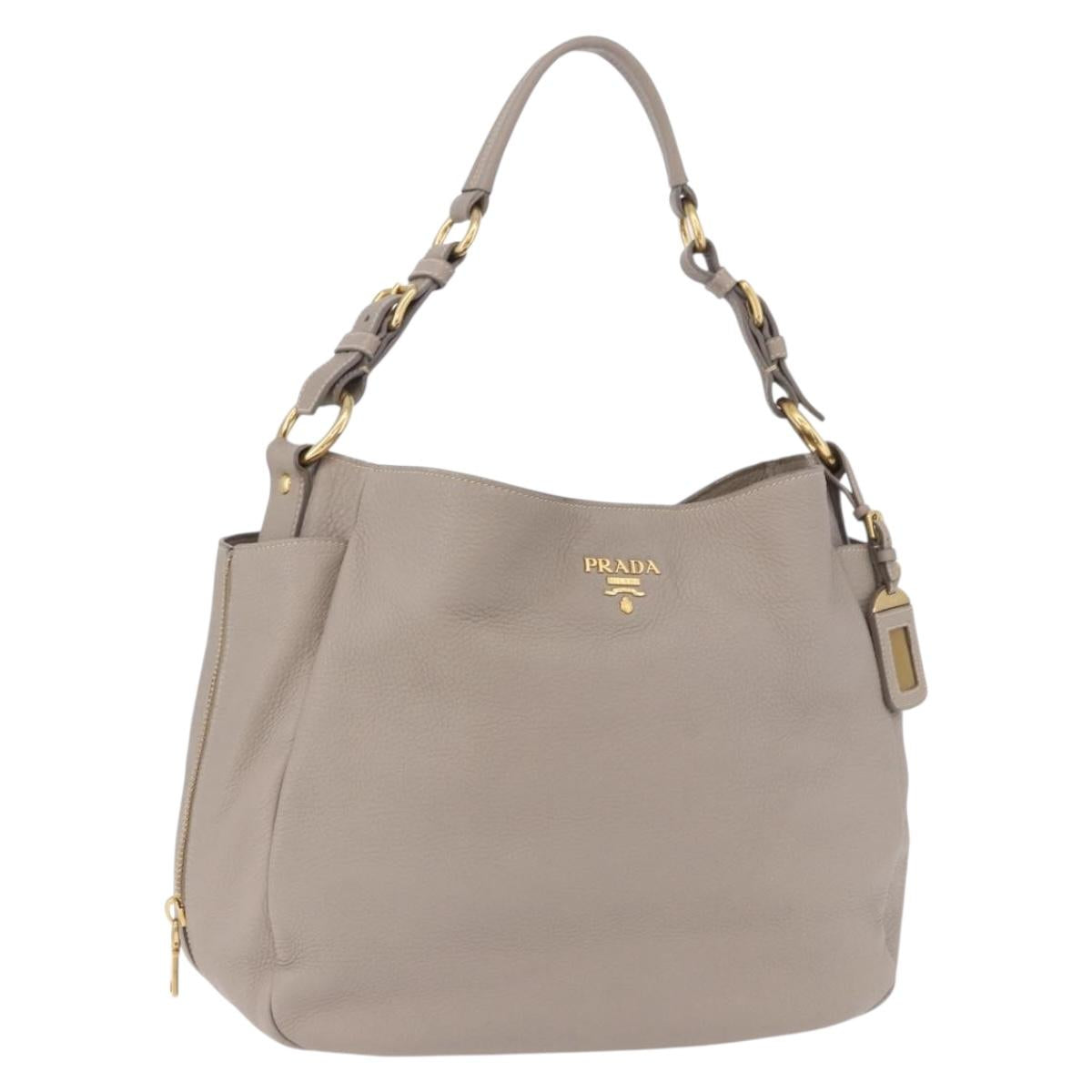 PRADA Shoulder Bag Leather Beige Gold Auth 196638V