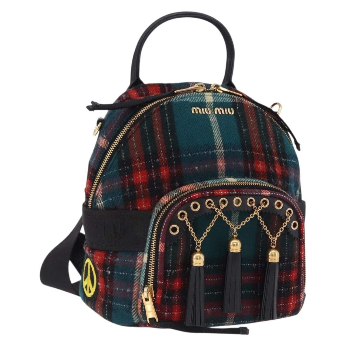 Miu Miu Backpack Wool Leather Red Green Gold Auth 196641M