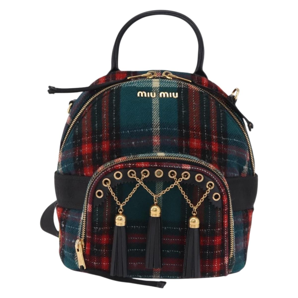 Miu Miu Backpack Wool Leather Red Green Gold Auth 196641M