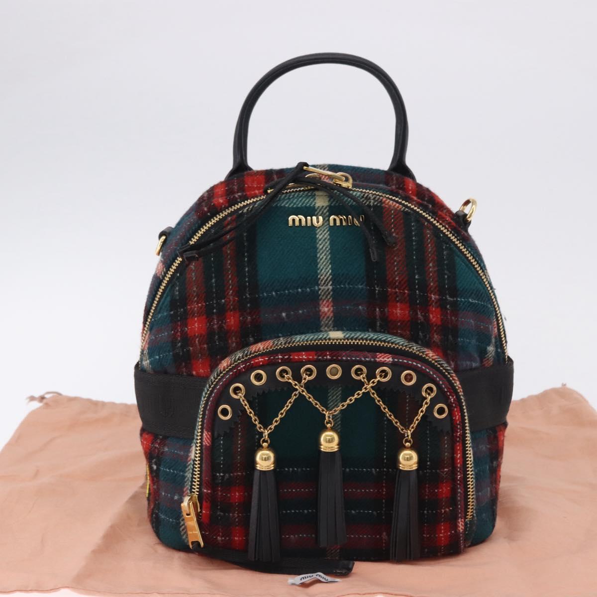 Miu Miu Backpack Wool Leather Red Green Gold Auth 196641M