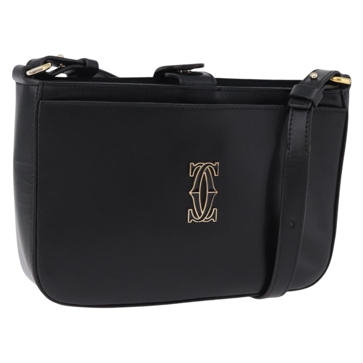 CARTIER C de Cartier Shoulder Bag Leather Black Gold Auth 196644V