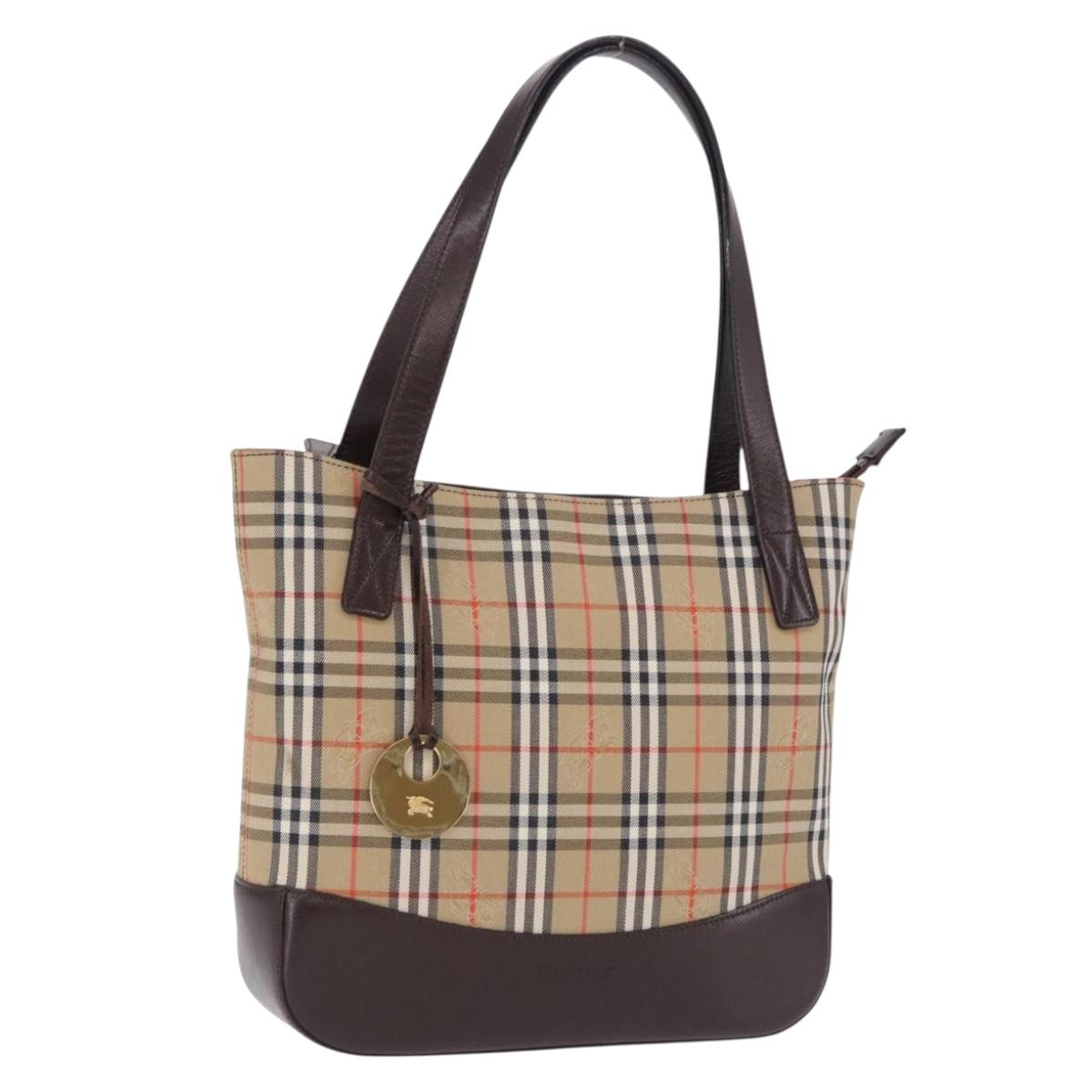 BURBERRY Nova Check Hand Bag Canvas Beige Gold Auth 196649A