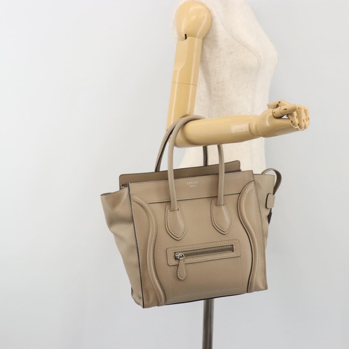 CELINE Luggage Micro Shopper Hand Bag Leather Beige Silver Auth 196658V