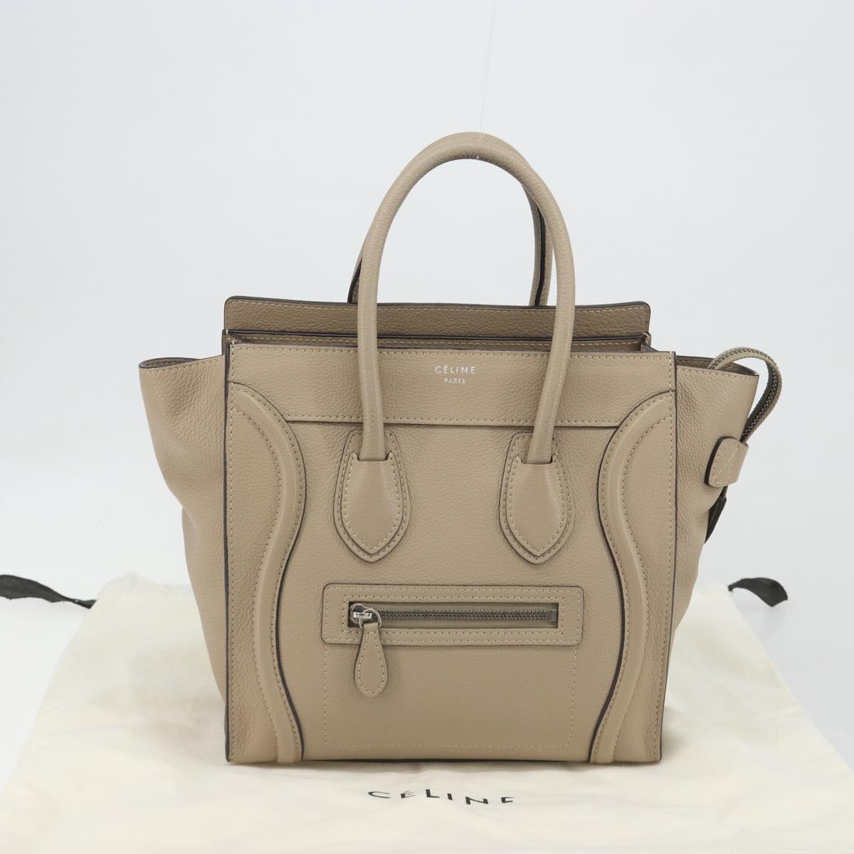 CELINE Luggage Micro Shopper Hand Bag Leather Beige Silver Auth 196658V