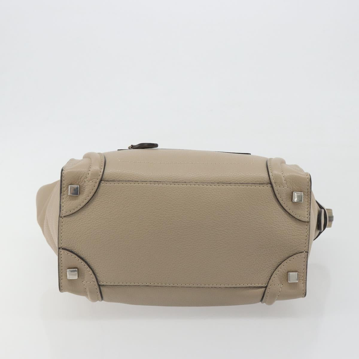 CELINE Luggage Micro Shopper Hand Bag Leather Beige Silver Auth 196658V