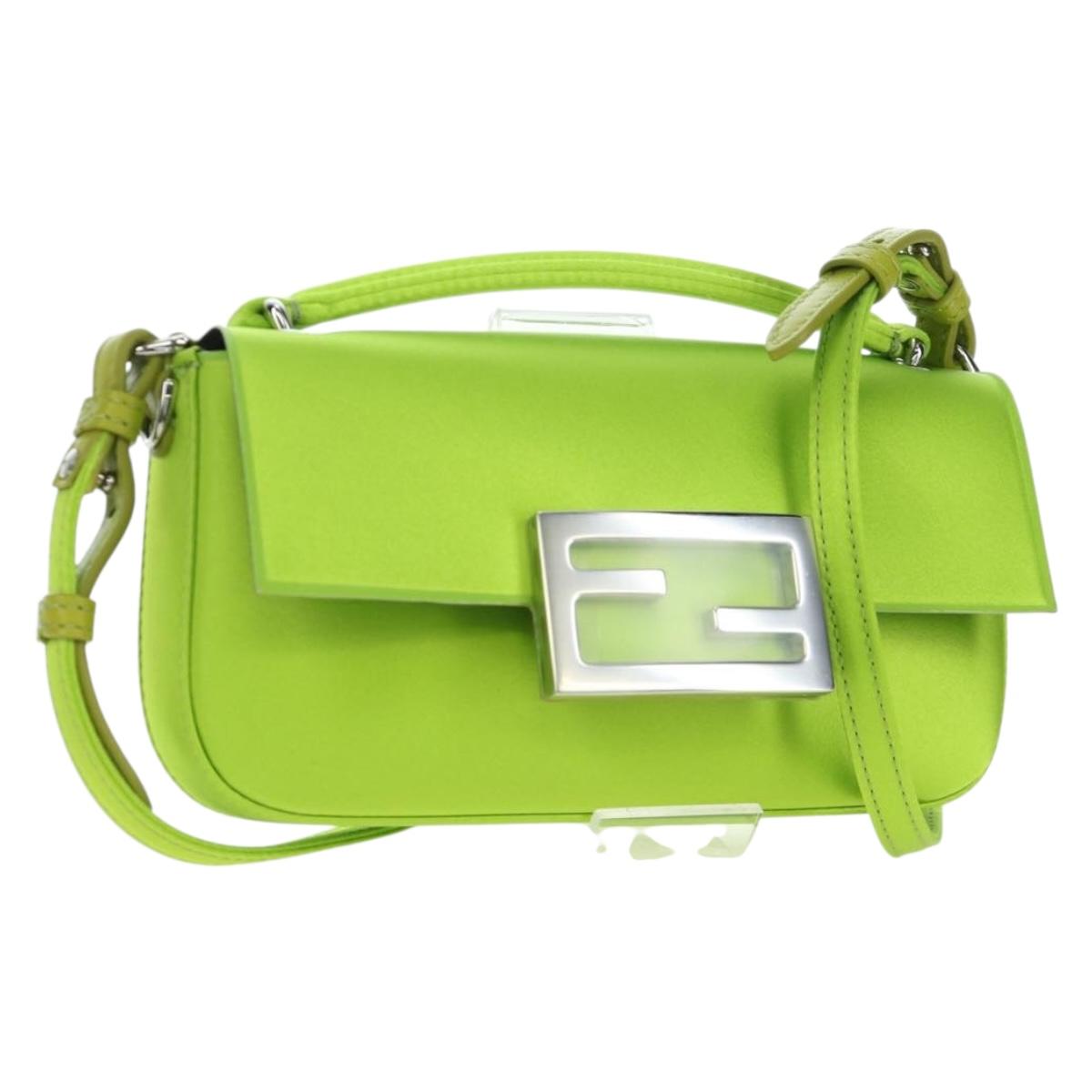 FENDI Phone Pouch Mamma Baguette Pouch Satin Green Silver Auth 196659M
