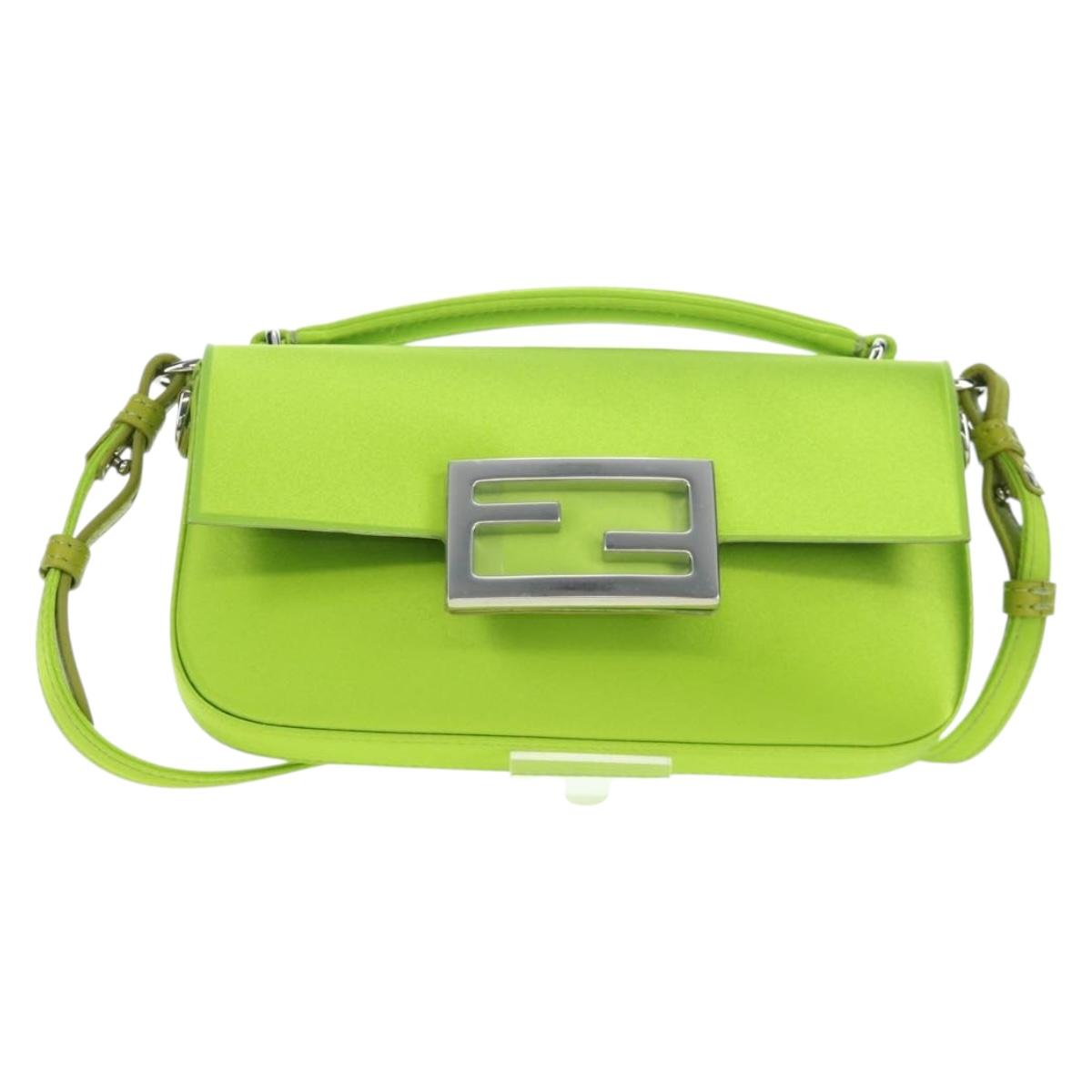 FENDI Phone Pouch Mamma Baguette Pouch Satin Green Silver Auth 196659M