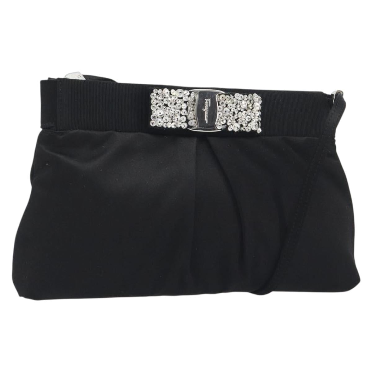 Salvatore Ferragamo Vala Shoulder Bag Satin Black Silver Auth 196662A