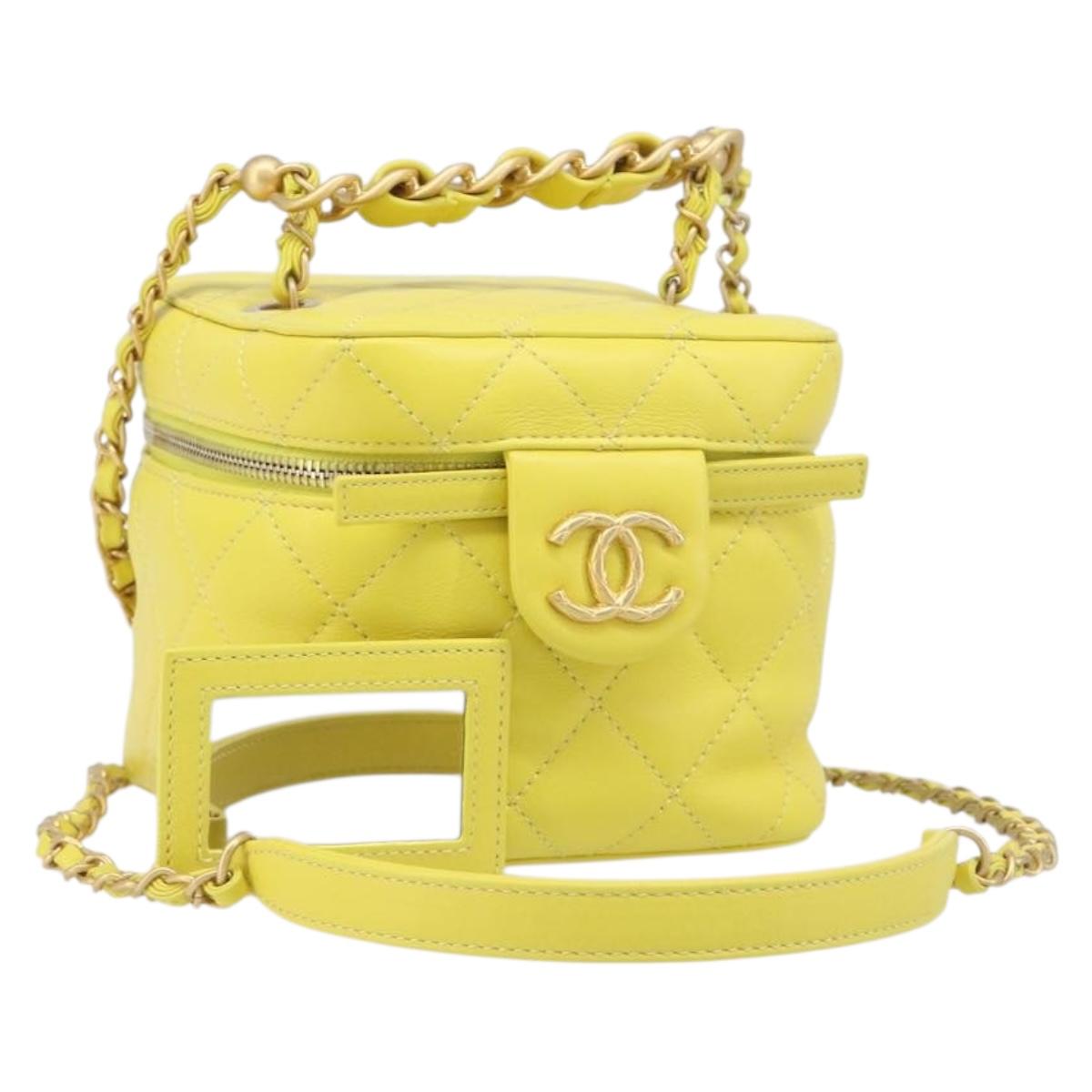 CHANEL Matelasse Chain Vanity Bag Lamb Skin 2way Yellow Gold CC Auth 196667M